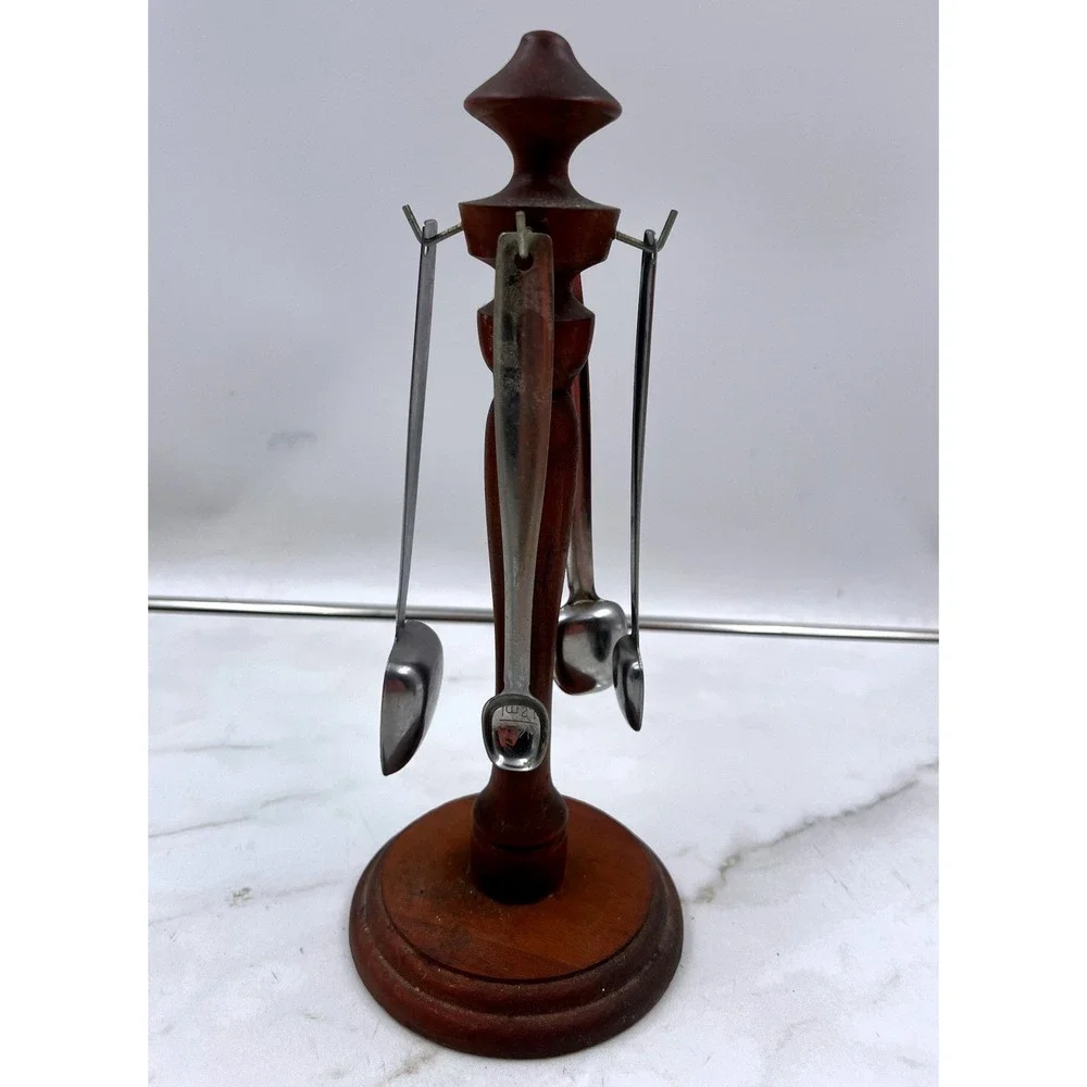 Vintage Foley Stainless Steel Measuring Spoons with Wooden Carousel Stand Set